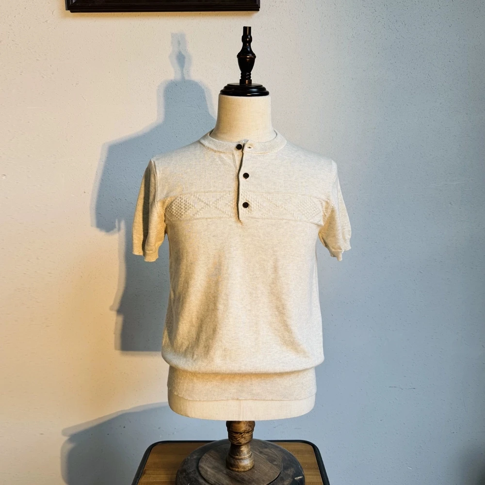 美式复古重磅半袖棉重工针织提花亨利领短袖T恤纯色休闲亨利衫