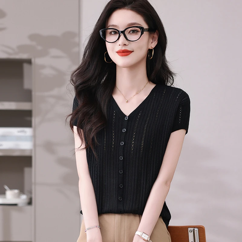 新款挑孔提花开衫V领短袖宽松显瘦时尚百搭减龄薄款针织开衫K275