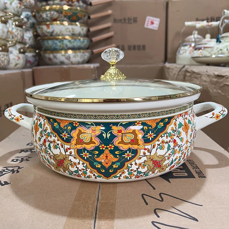 26cm防溢珐琅海鲜锅俄罗斯花搪瓷火锅家用炖锅搪瓷锅燃气电磁炉锅