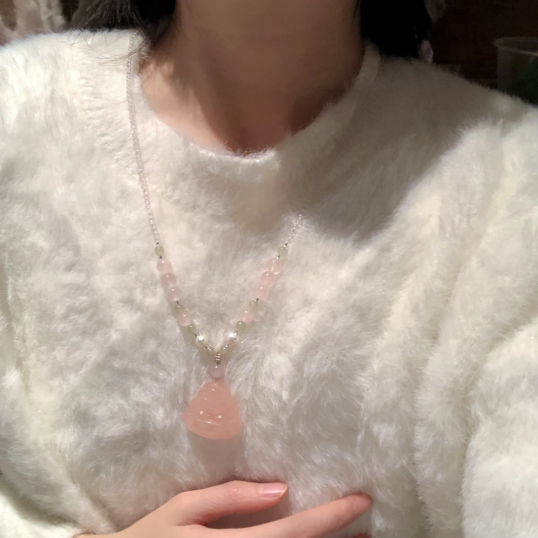 SG1487-［拂春佛公］和田玉粉水晶编绳调节毛衣项链新中式多样性发