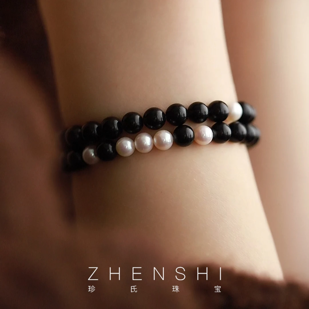 珍氏珠宝天然淡水珍珠手链女款 国风双圈黑曜石清冷感手饰（玄圭）