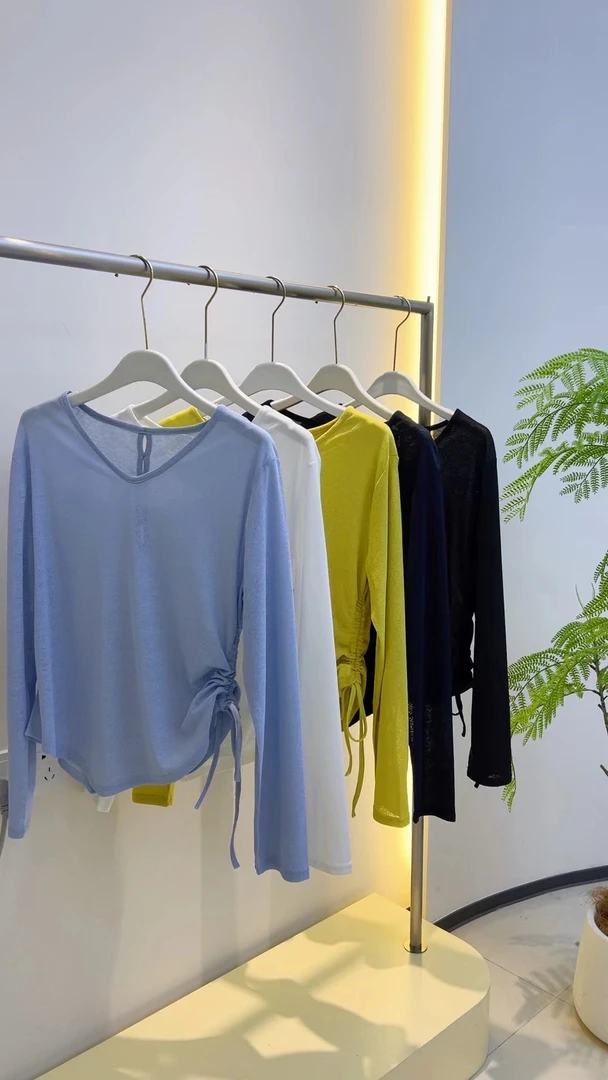 不规则V领抽绳薄款微透防晒罩衫（9018）