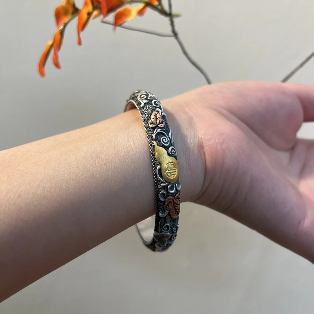 足银手镯 足银手镯 掐丝葫芦丨纯手工錾刻金银错工艺国风手镯84g