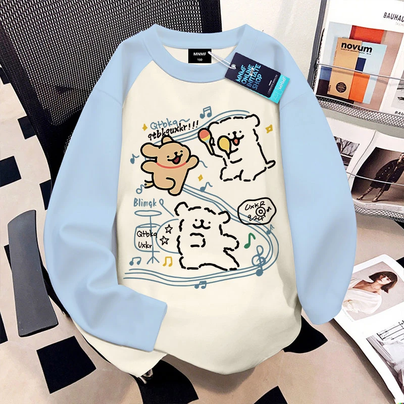 卡通ins线条小狗男女童插肩长袖T恤春秋新款休闲百搭中大童上衣服