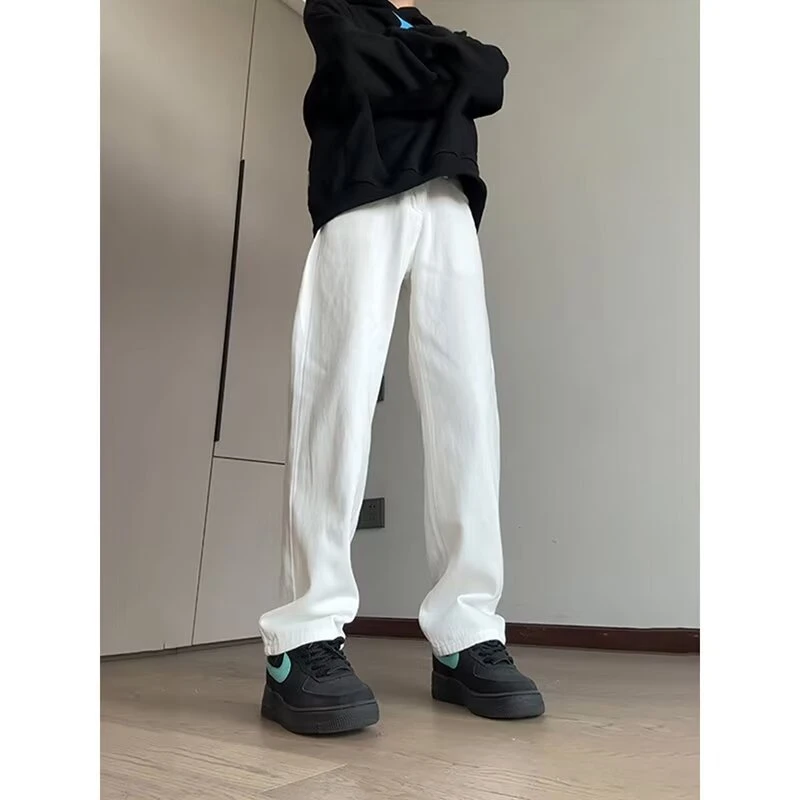 美式白色微喇牛仔裤男潮牌百搭高街喇叭裤宽松直筒裤加绒加厚男士