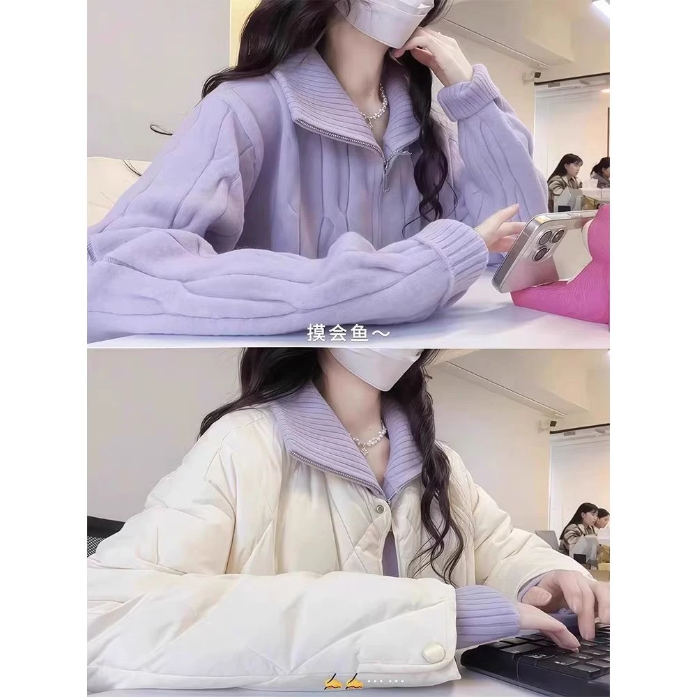 唐狮【新品】香芋紫麻花拉链半高领毛衣外套女2025新款冬季穿搭加厚
