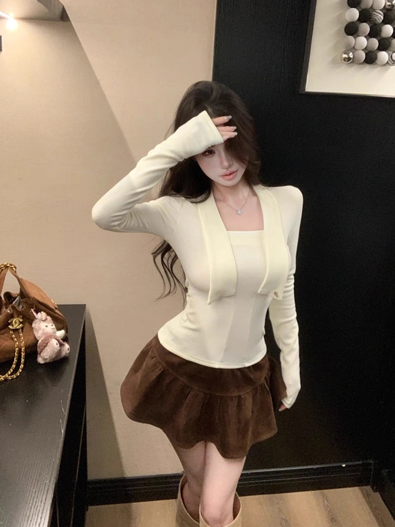 LAMAIR高级感方领别致纯色性感长袖内搭打底衫女秋冬德绒显瘦上衣