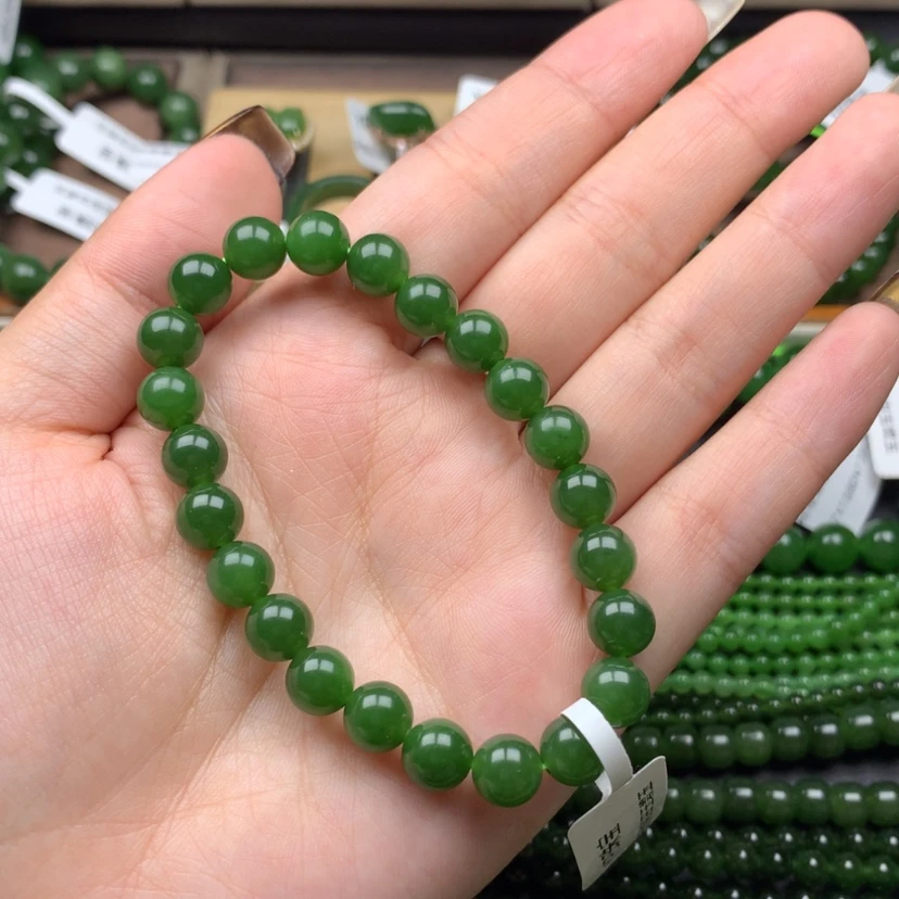 【闪购商品】未镶嵌手串和田玉（碧玉）8m辣菠菜绿无黑