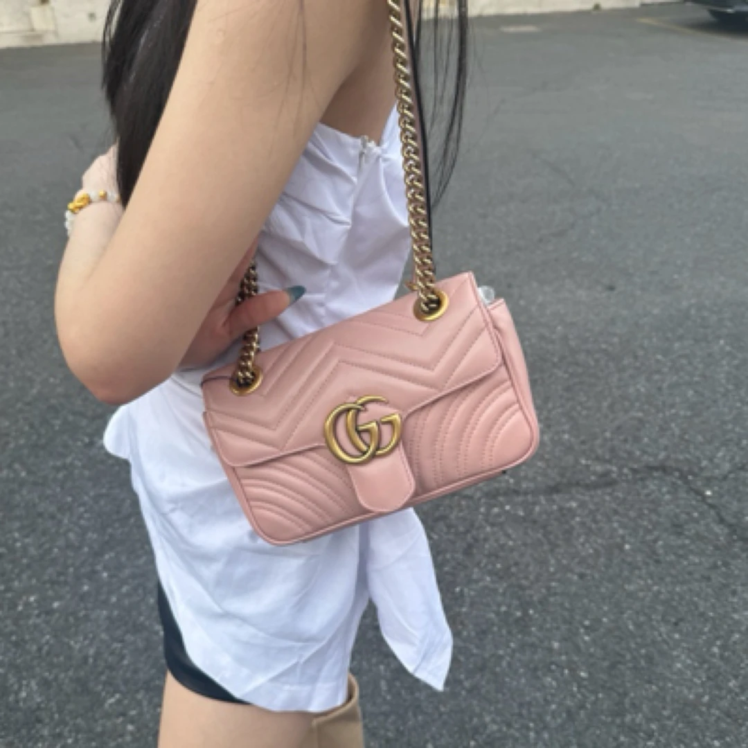 95新 GUCCI/古驰 GUCCI马蒙22粉色单肩包斜挎包