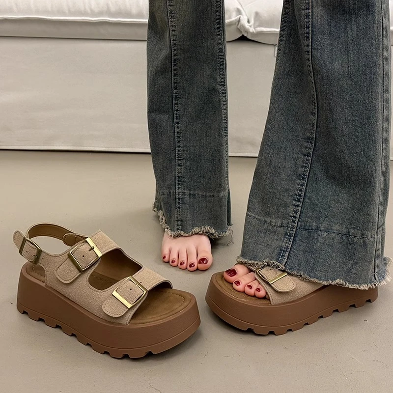 法式厚底勃肯凉鞋女夏季外穿高级感2025超火新款配裙子罗马坡跟鞋