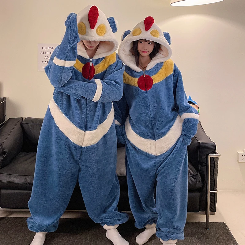 卡通动漫冬季新款珊瑚绒情侣连体睡衣女士加厚连帽大码家居服男士
