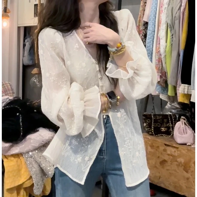 S50324933素拉那里 定制法式氛围感微透提花刺绣泡泡袖衬衫衬衣棉