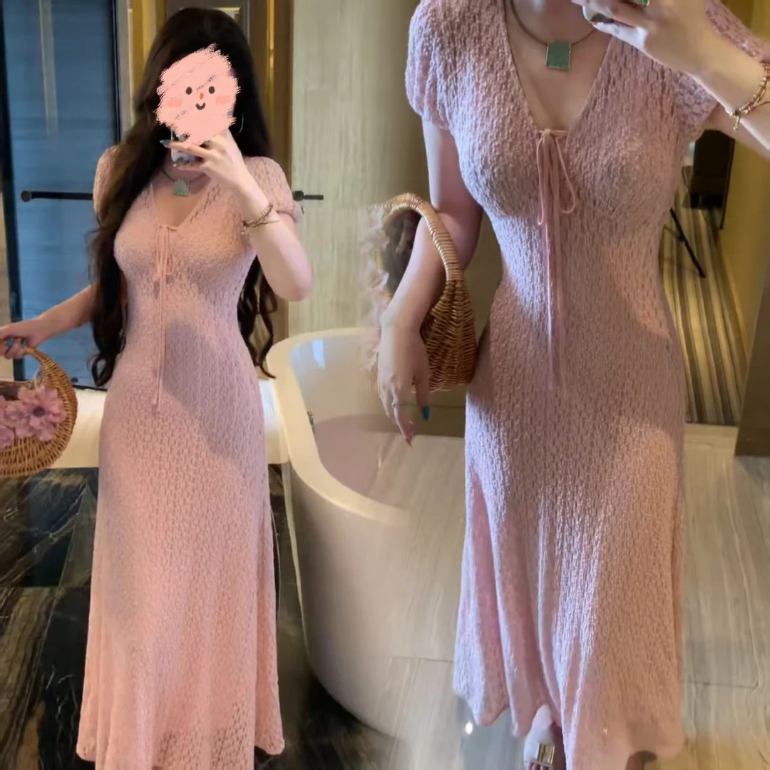 韩系甜美少女风高级气质2025年夏季新款修身显瘦时尚蕾丝连衣裙女