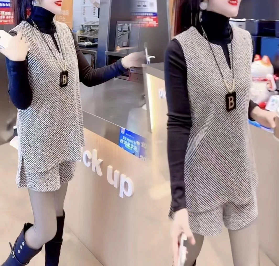 秋冬新款时尚套装女韩版修身显瘦无袖坎肩高腰短裤休闲三件套