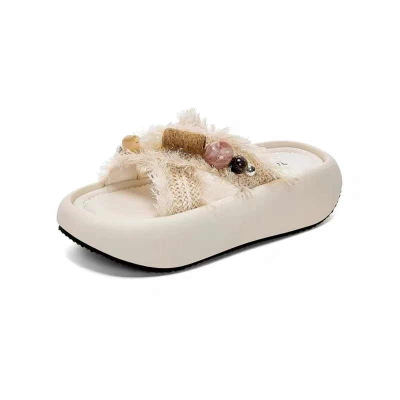 2025夏季新款一字厚底女拖鞋串珠编织交叉女凉拖