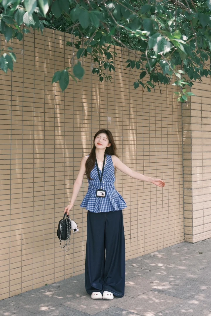 夏季新款小众女装韩系无袖衬衫上衣高腰显瘦阔腿裤气质通勤两件套