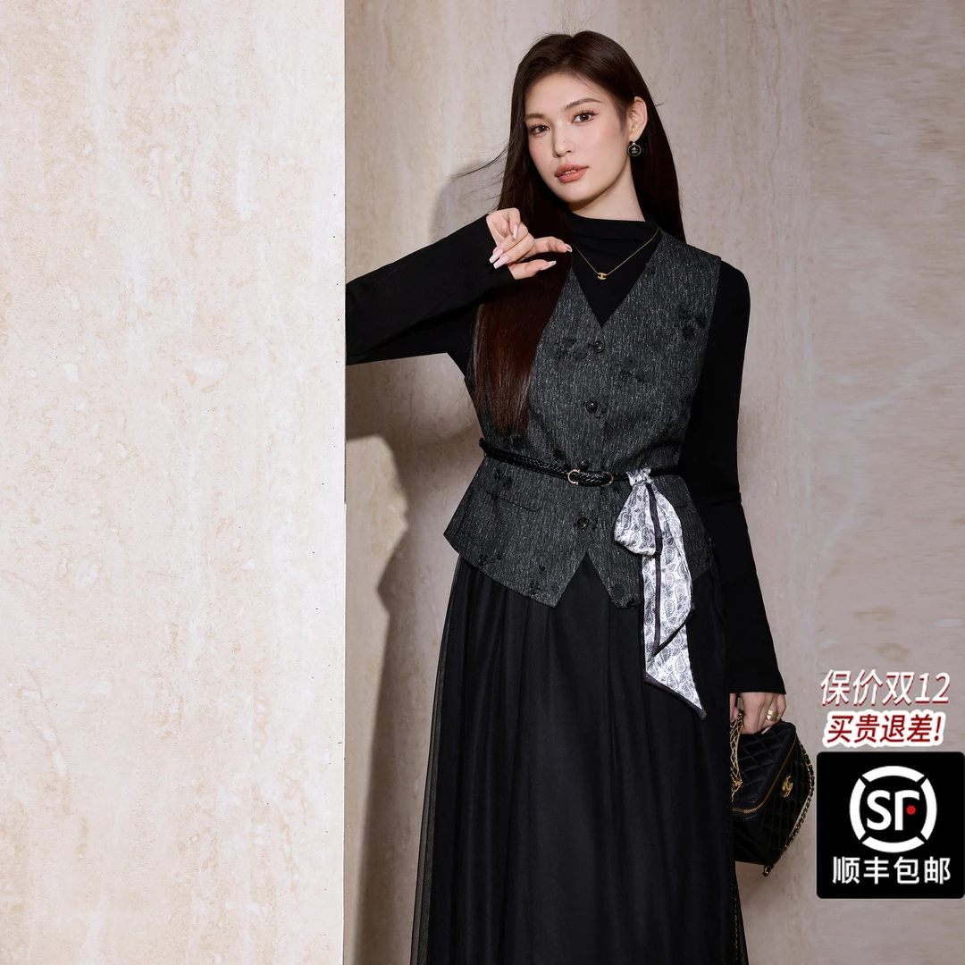 蓝语大码女装时尚V领马甲拼接网纱连衣裙套装2025秋冬新品18081