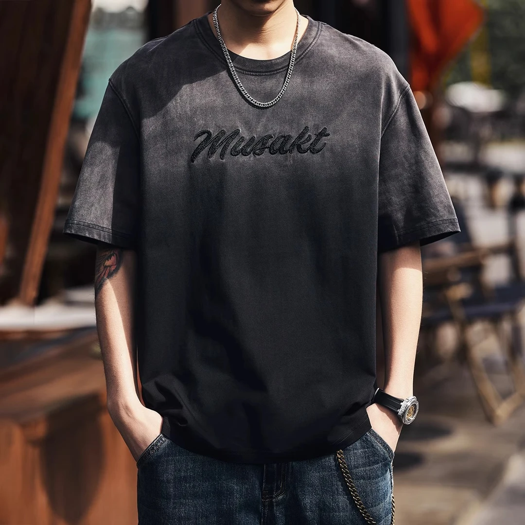夏季美式复古短袖T恤男士高端潮牌宽松水洗渐变扎染刺绣纯棉短袖t