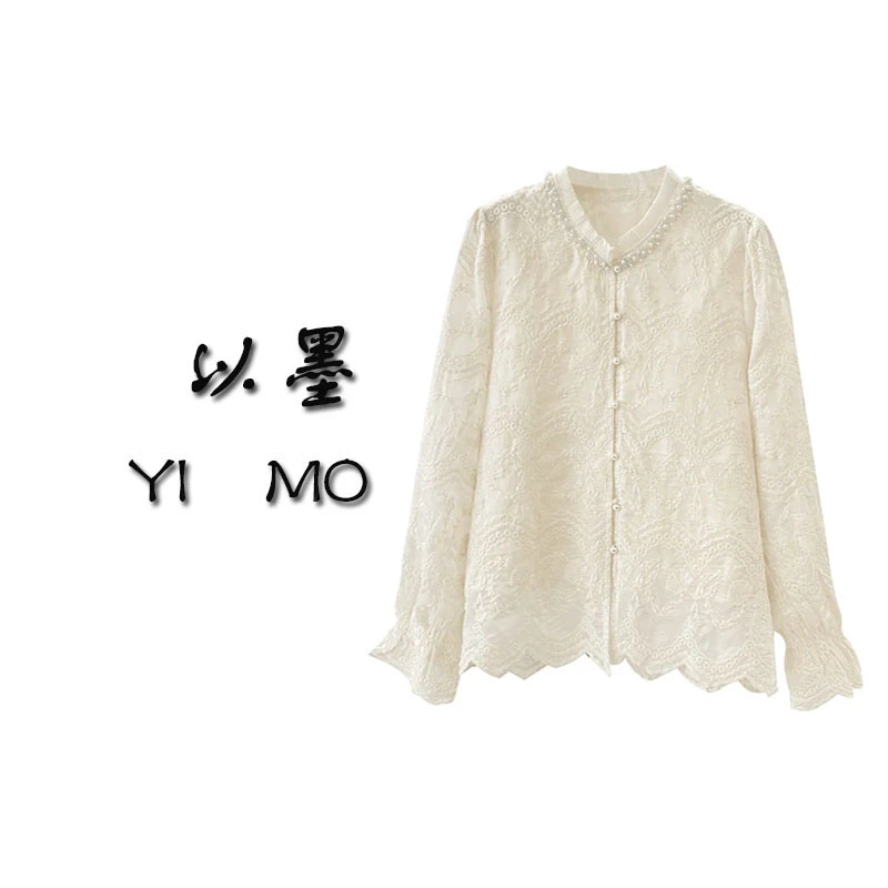 春季新中式缎面宽松打底衫上衣女时尚百搭圆领长袖t恤泡泡袖白色