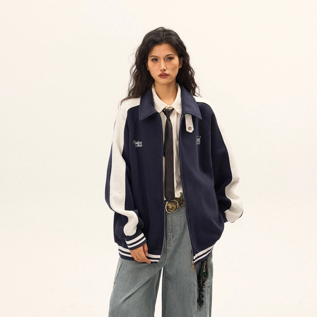 新款春秋美式复古学院风拼色翻领纯棉夹克情侣潮流宽松休闲外套男