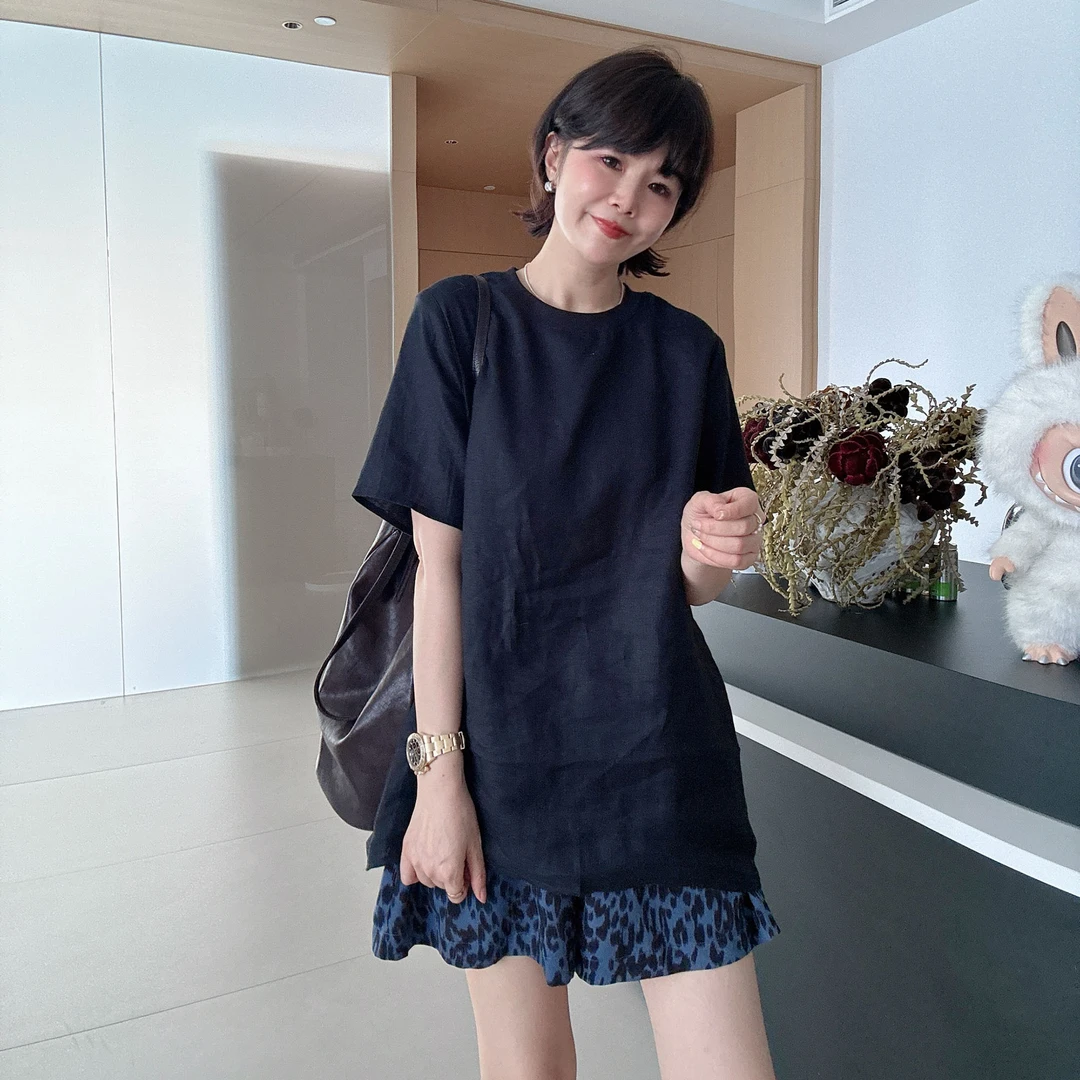 夏季极简设计休闲宽松百搭纯色亚麻T恤