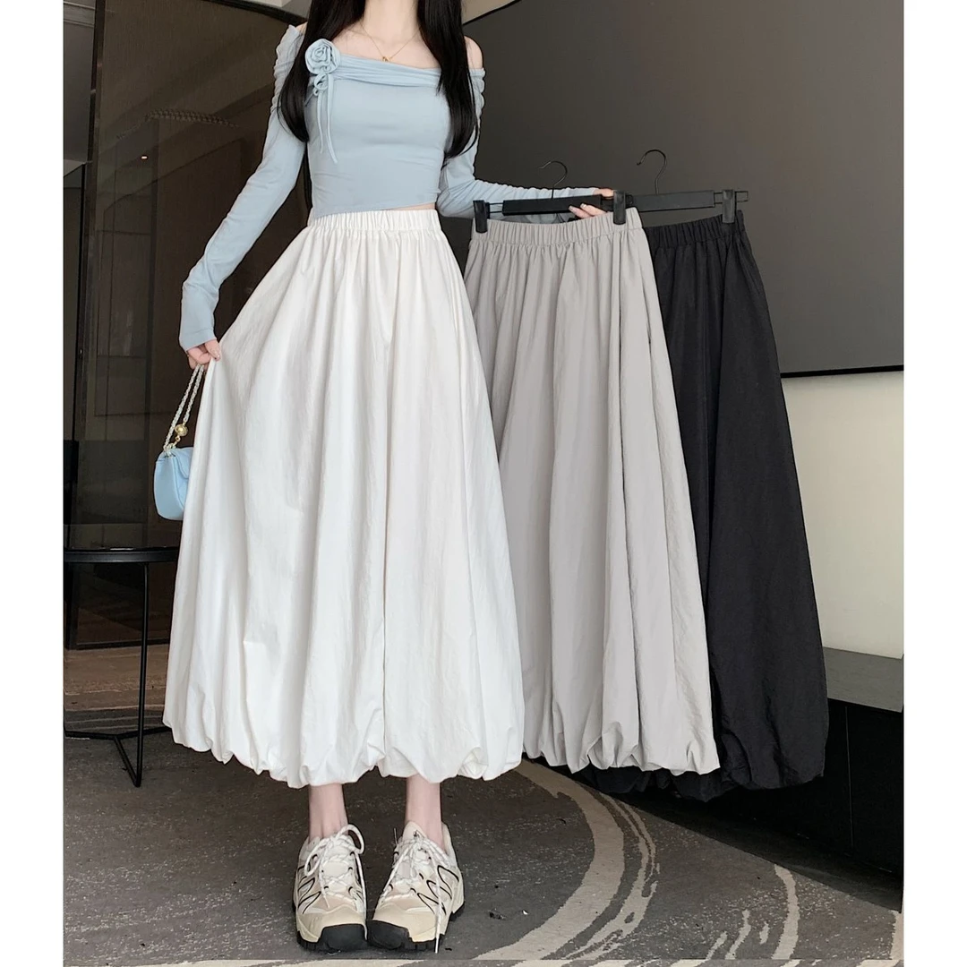 夏季新款长款裙子女装高腰花苞裙小个子白色半身裙小众长裙字裙