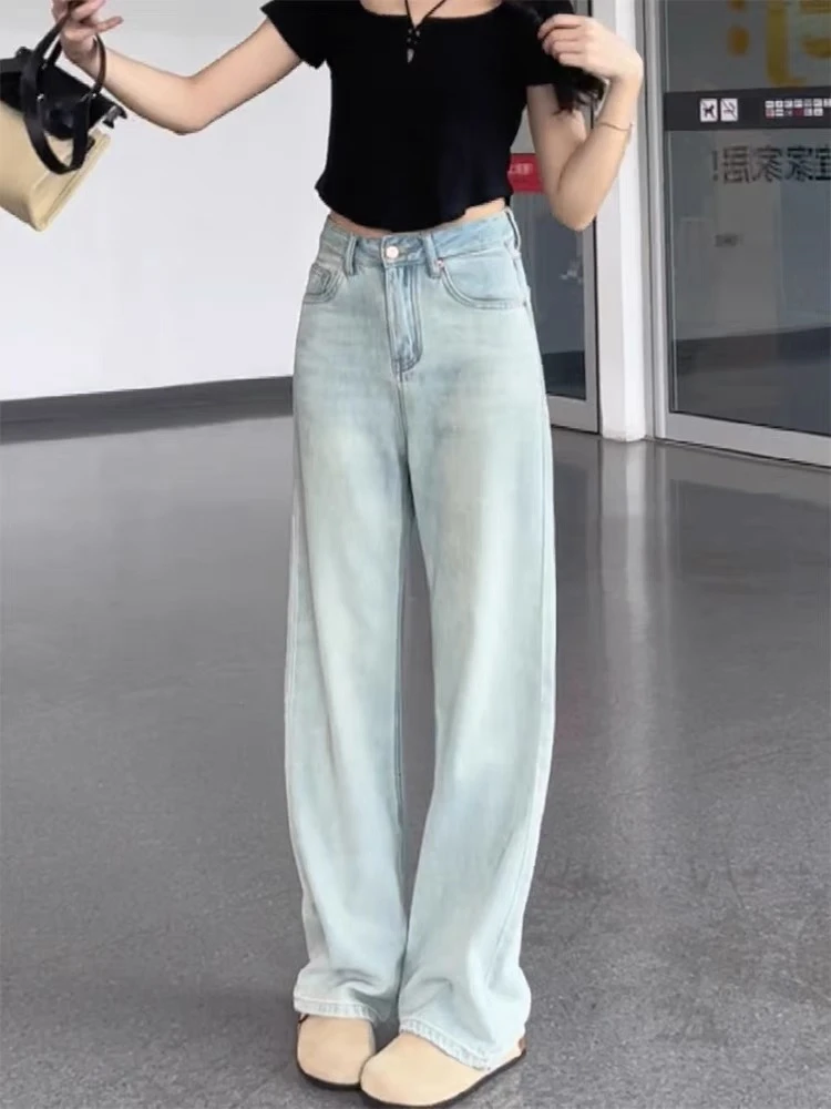 H239-浅色直筒牛仔裤女夏薄款2025年新款高腰宽松显瘦窄版阔腿裤