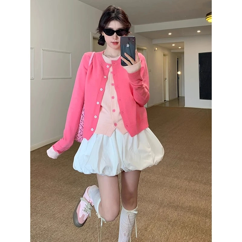 韩系拼接假两件开衫毛衣女春秋冬宽松软糯温柔别致休闲百搭针织衫