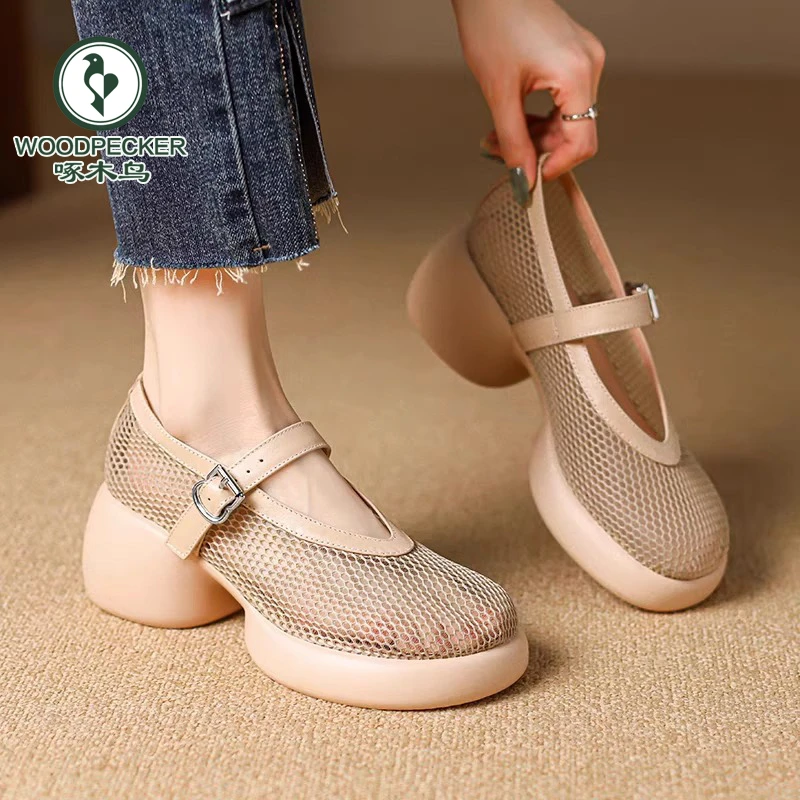 啄木鸟网纱透气浅口单鞋女夏厚底增高镂空网面洞洞鞋粗跟玛丽珍鞋