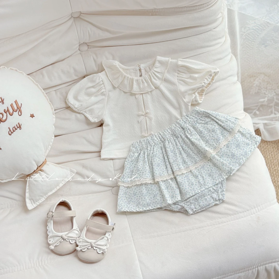 2025夏季新款女宝宝一粒扣荷叶边薄款泡泡袖夏季碎花卡通套装短裙