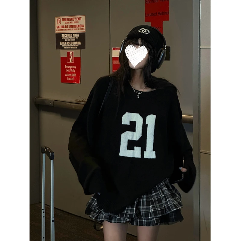 芊喜Studio 秋冬韩版字母黑色套头毛衣加厚宽松慵懒风针织上衣