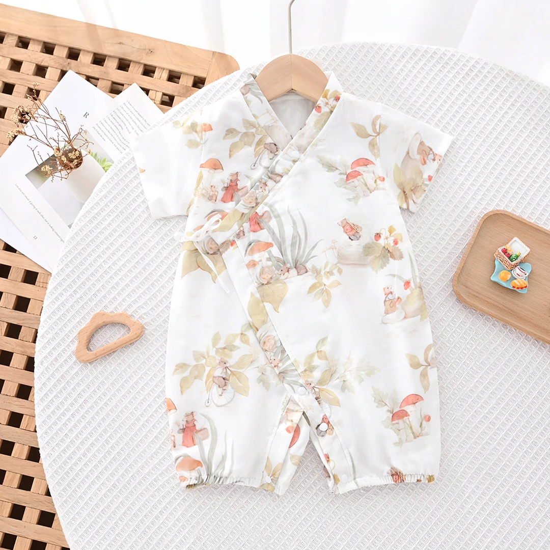 婴儿衣服夏季薄款竹棉宝宝短袖哈衣爬服国风新生儿连体衣和尚服