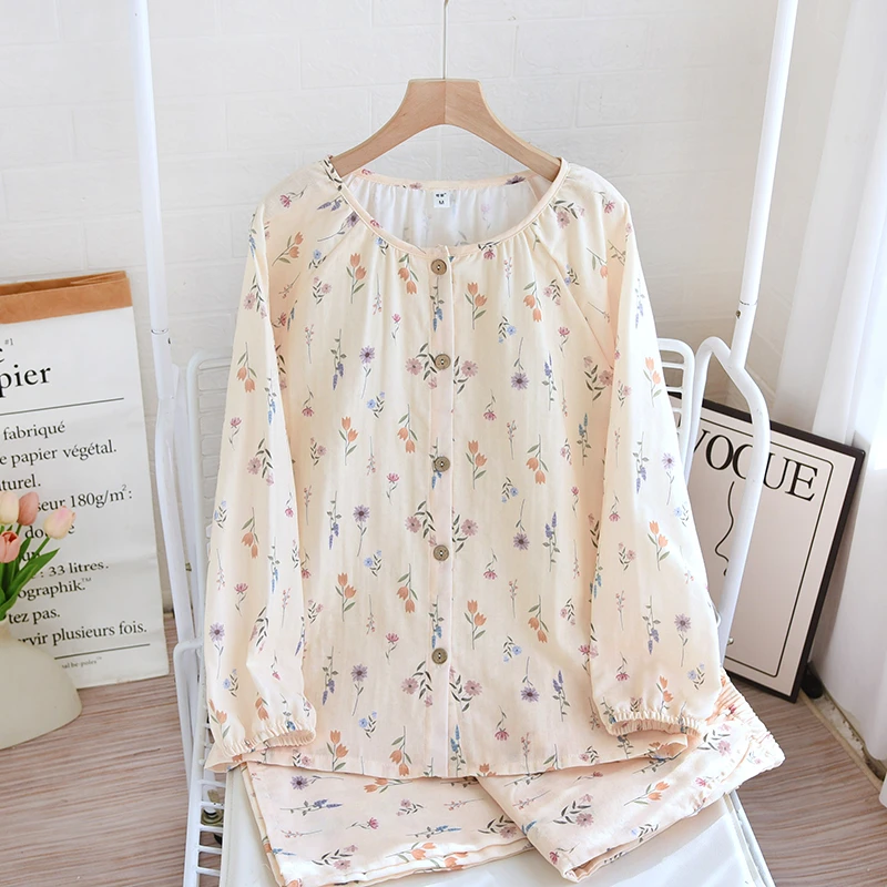 A类抗菌100%全棉纱布睡衣女纯棉春夏季薄款圆领家居服套装