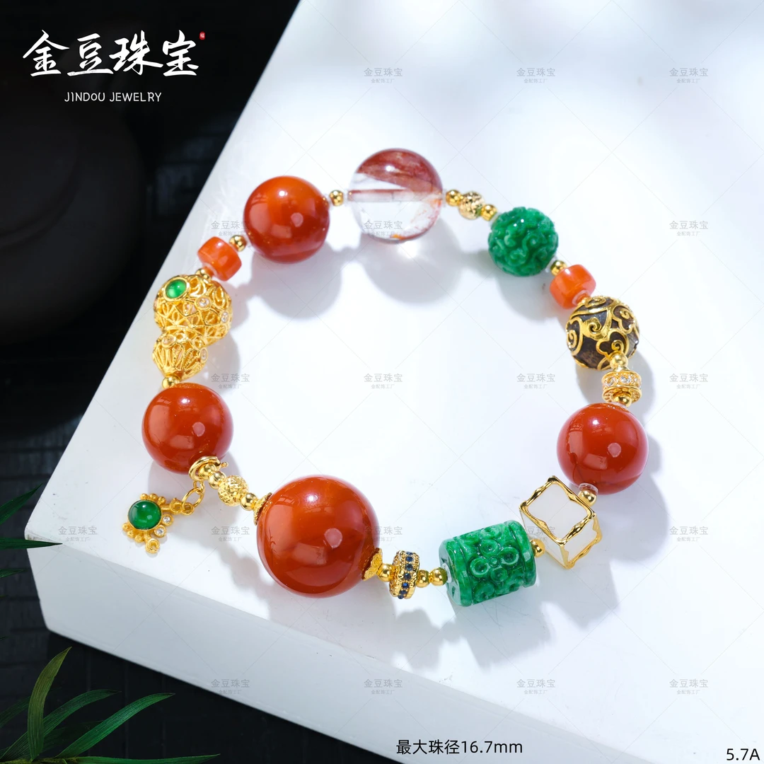 【金豆珠宝】富甲双收|18K金豪镶翡翠葫芦南红多宝手串有“钳”有“权”