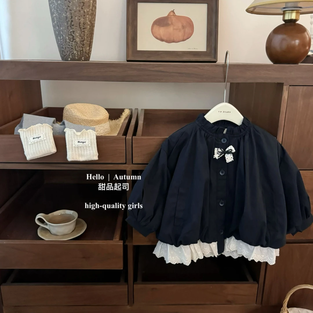 【甜品起司】甜味千金!韩系复古女宝宝花边宽松花苞设计感风衣外套