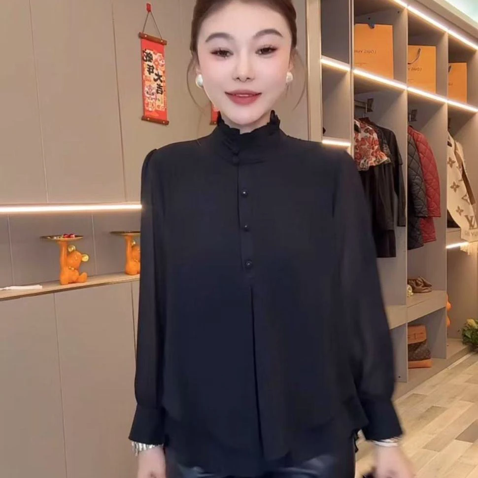 2025春季新款气质木耳边立领宽松显瘦时尚洋气纯色百搭雪纺衬衫女