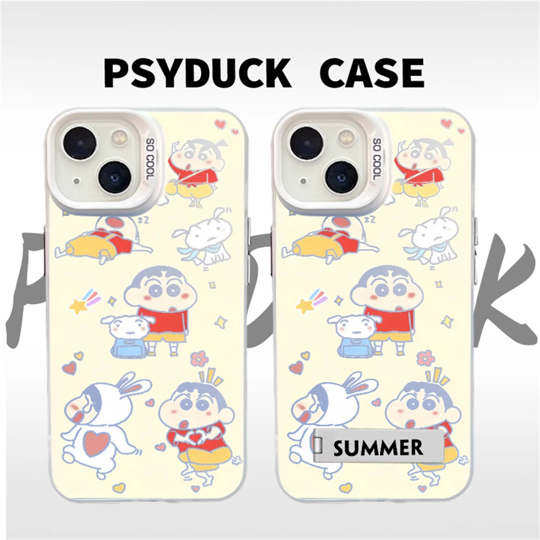 适用苹果华为一加小米镂空蜡笔小新彩银白底卡通动漫防摔手机壳