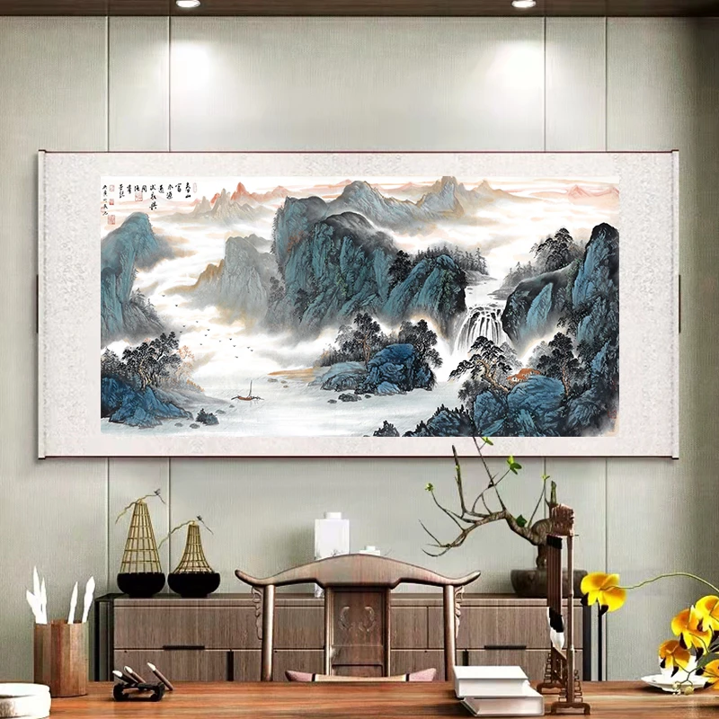 《春山富水》横幅180*70墨蓝色山水 办公室客厅书房意境山水