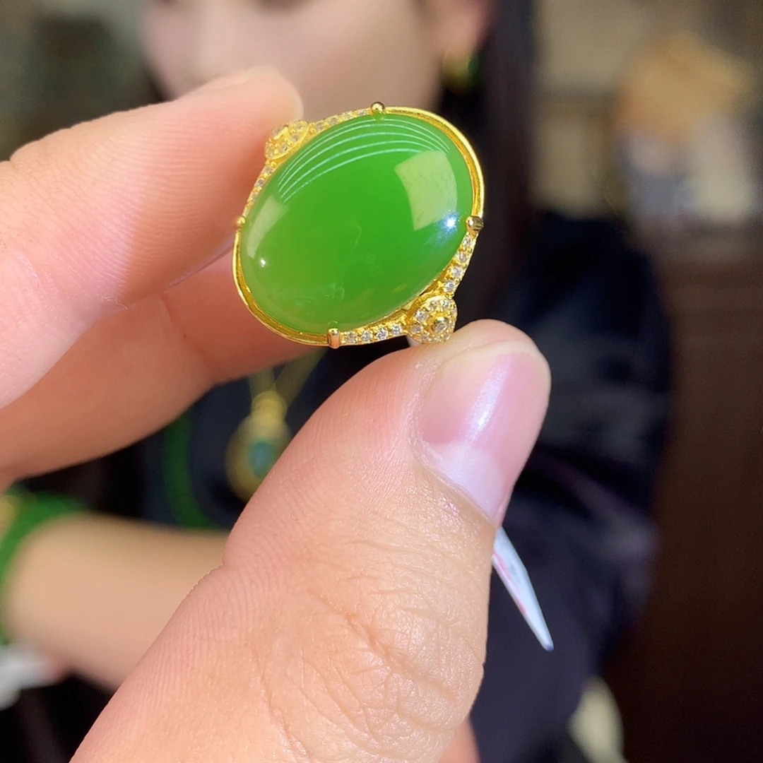 吊坠(不含链)银S925镶嵌和田玉（碧玉）戒指