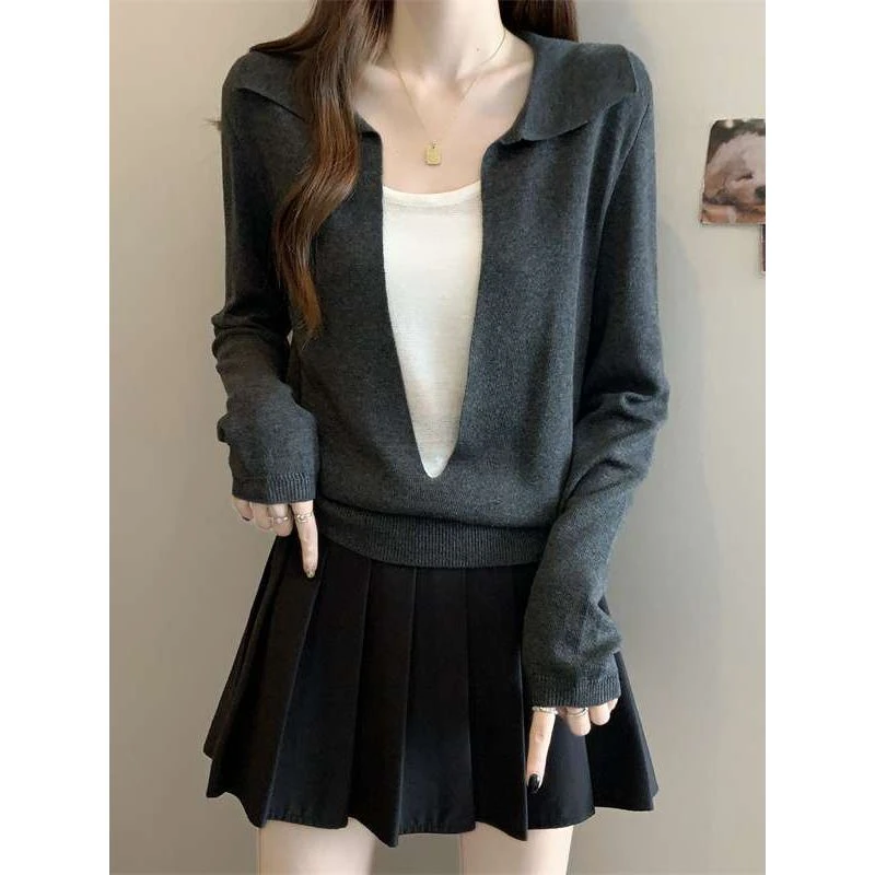 大码女装撞色假两件领正肩长袖针织衫女胖妹妹显瘦独特别致上衣