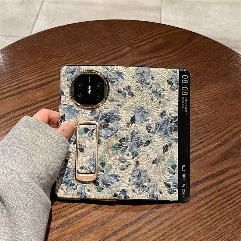 华为Mate X5/X6折叠屏耐磨防摔镀银蓝花手机壳电镀全包真皮保护款