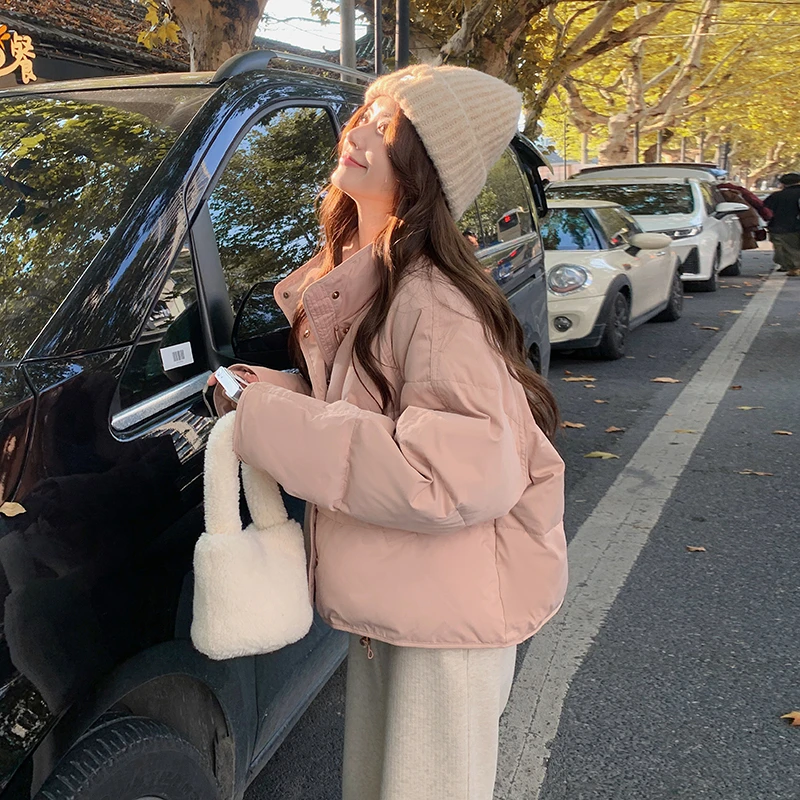 粉色甜美短款羽绒服女冬季2025新款韩系小个子立领白鸭绒加厚外套