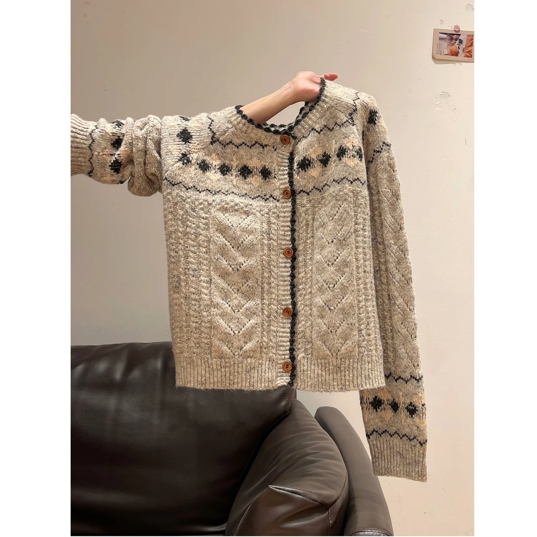 复古费尔岛提花设计感毛衣外套女2025秋冬季单排扣慵懒风宽松上衣