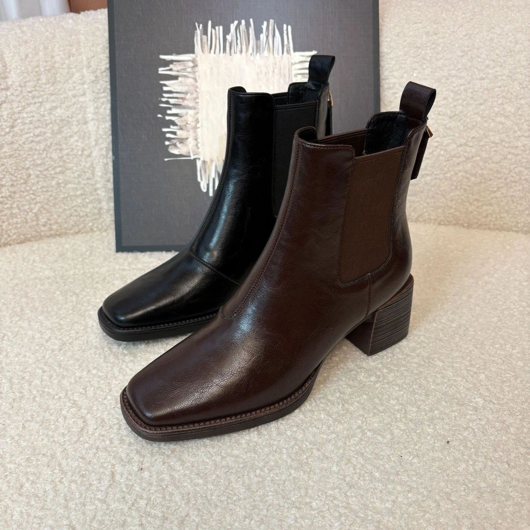 牛皮款~5.5CM新款粗跟简约短靴日常法式复古通勤优雅休闲切尔西