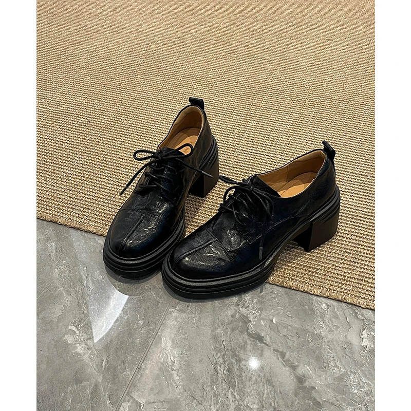 羊皮版~厚底高智通勤英伦风小皮鞋女2025新款系带秋冬粗跟乐福鞋