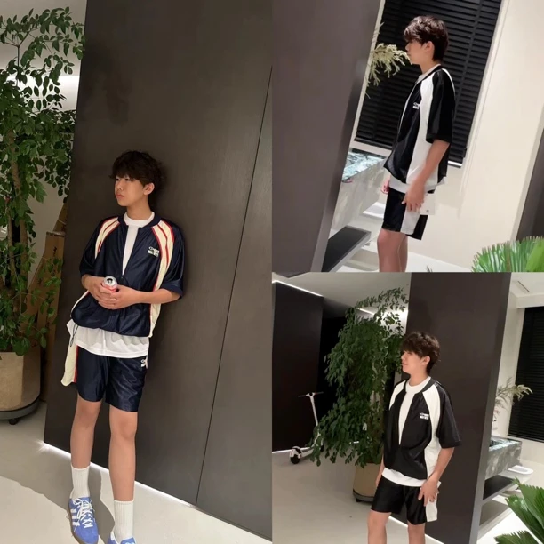 [MJ]蓝黑两色cb字母拼接款短袖短裤时尚运动l儿童套装（夏日炎炎）