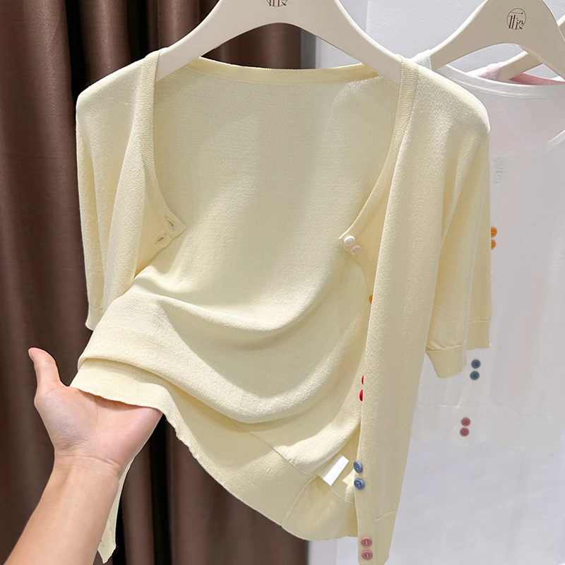 黄色新款小圆领针织纽扣开衫上衣女夏季外搭配裙子修身短袖小披肩
