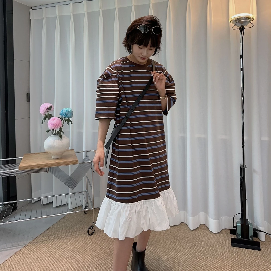 CHA MA GO DO09398时尚减龄撞色条纹蓬蓬袖拼接鱼尾裙