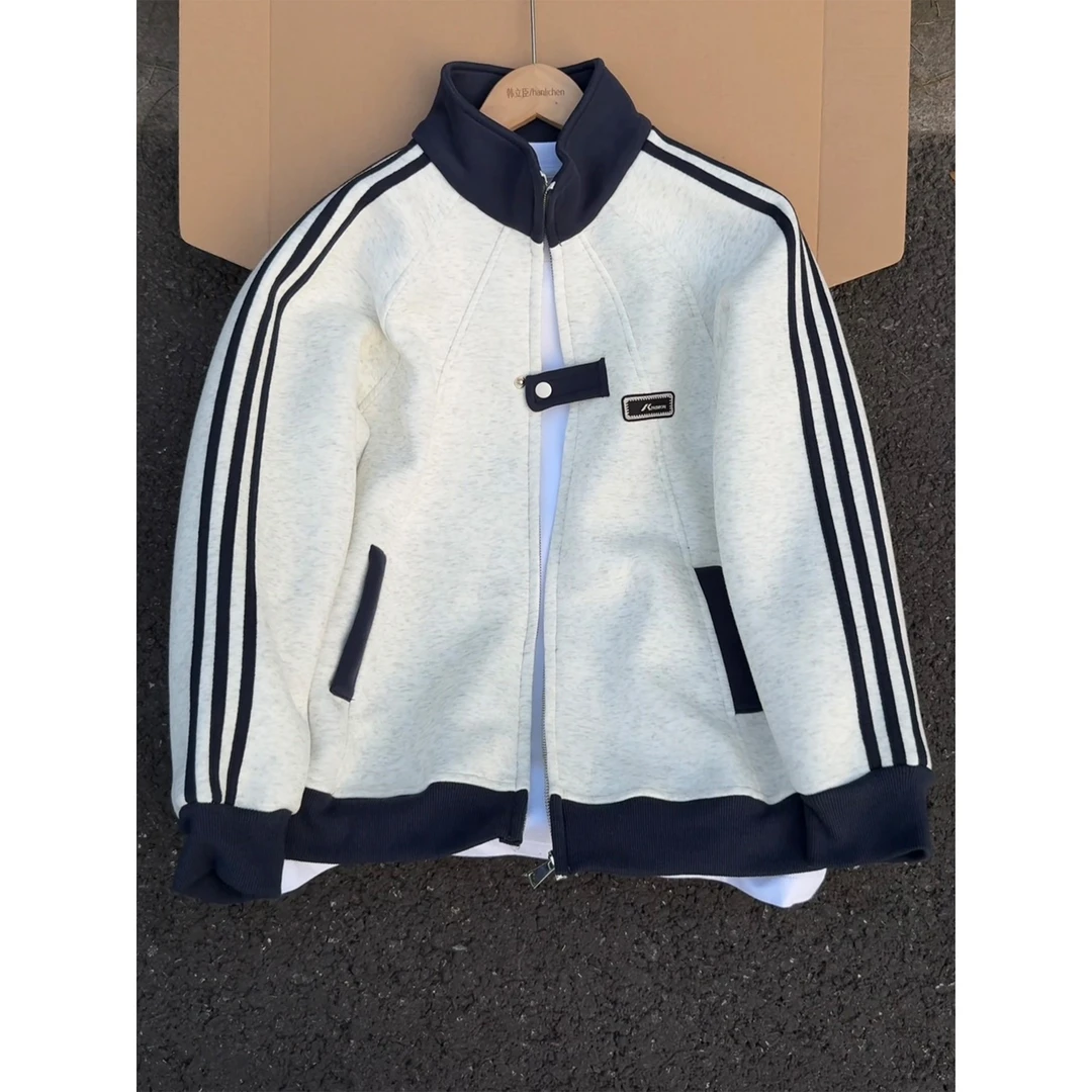 美式三条杠条纹拼接运动夹克男秋季学院风卫衣外套宽松立领棒球服