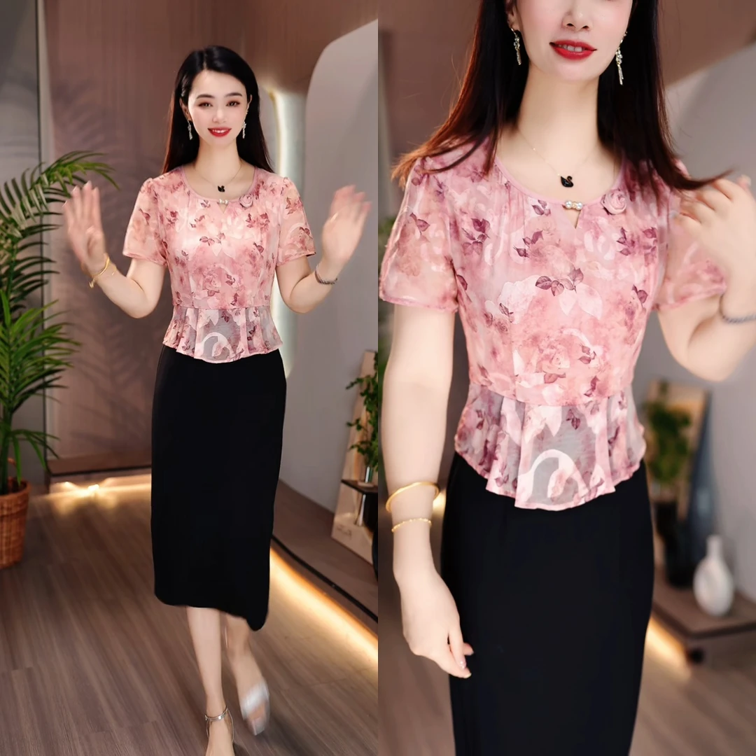 红色碎花连衣裙假两件显瘦气质洋气减龄收腰遮肚子显瘦L-5XL